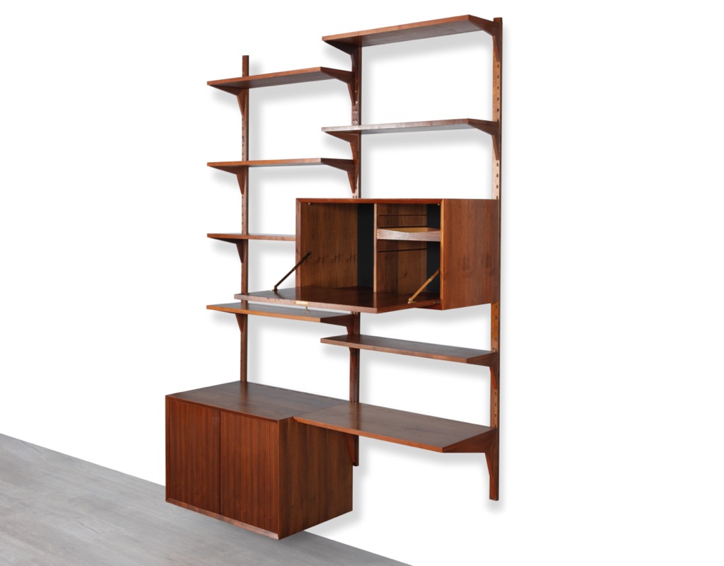 Mid century modern Danish 1960s Poul Cadovius shelving system wall mounted bookshelf CADO Denmark original Scandinavian storage Teak Walnut Brazilian Rosewood record stereo cabinet