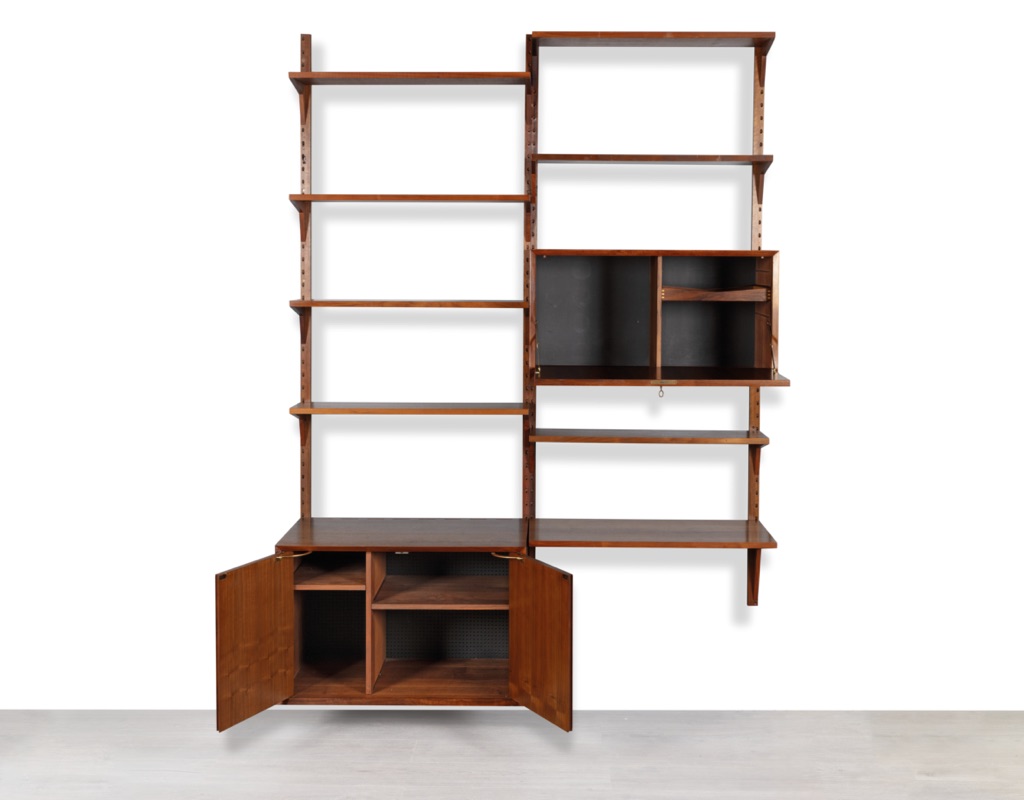 Mid century modern Danish 1960s Poul Cadovius shelving system wall mounted bookshelf CADO Denmark original Scandinavian storage Teak Walnut Brazilian Rosewood open cabinet records