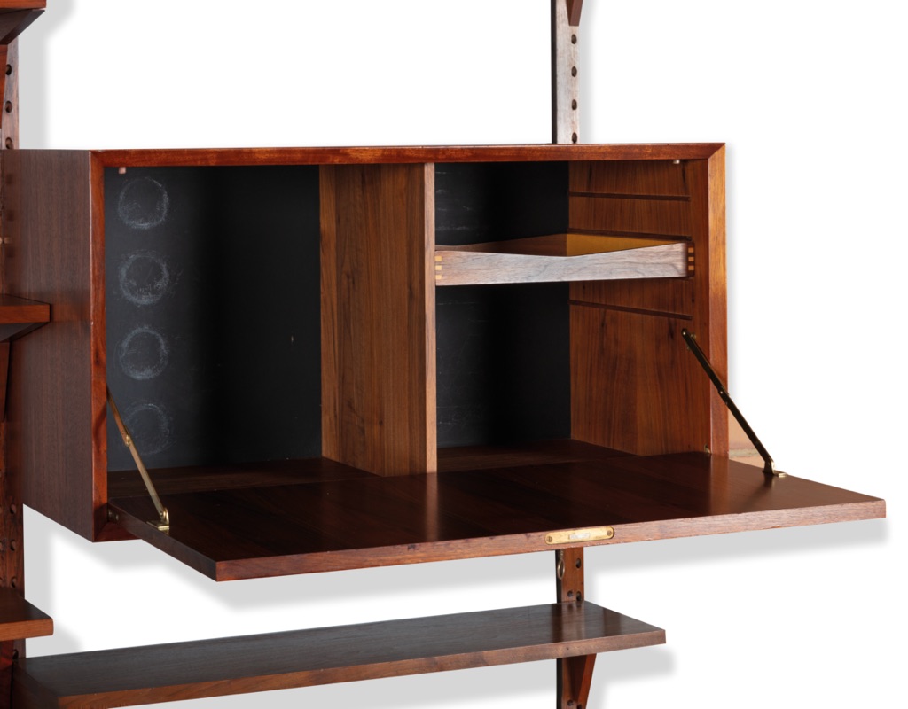Mid century modern Danish 1960s Poul Cadovius shelving system wall mounted bookshelf CADO Denmark original Scandinavian storage Teak Walnut Brazilian Rosewood drop front bar cabinet