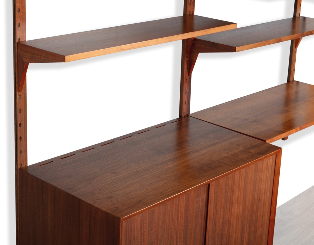 Mid century modern Danish 1960s Poul Cadovius shelving system wall mounted bookshelf CADO Denmark original Scandinavian storage Teak Walnut Brazilian Rosewood angular shelf record cabinet
