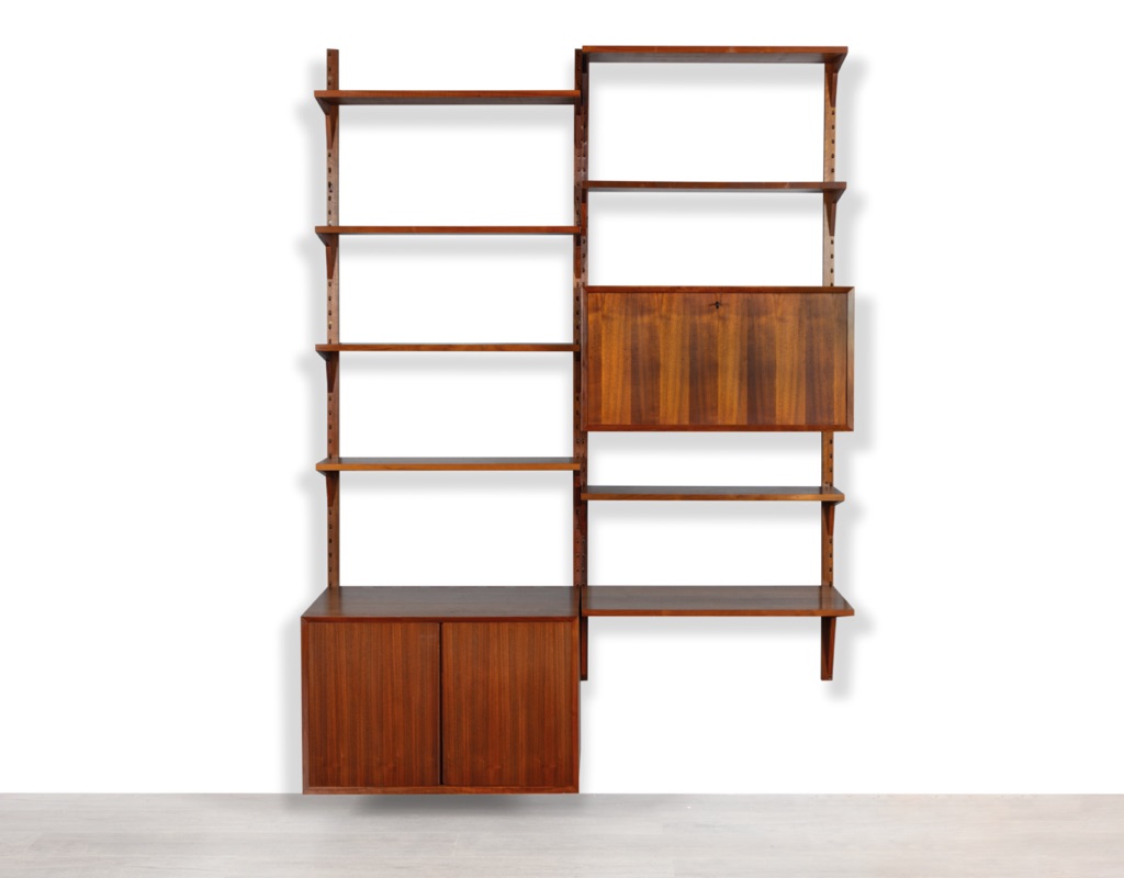 Mid century modern Danish 1960s Poul Cadovius shelving system wall mounted bookshelf CADO Denmark original Scandinavian storage Teak Walnut Brazilian Rosewood record cabinet