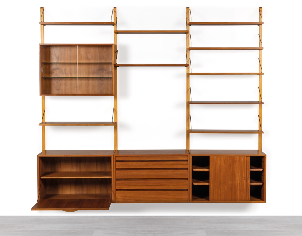 Poul Cadovius Shelving System Model Royal Danish Vintage 1950 CADO Wall Mounted Modular Teak Bookshelf Original Imported Scandinavian Storage Furniture woven front drop front drawers sliding doors