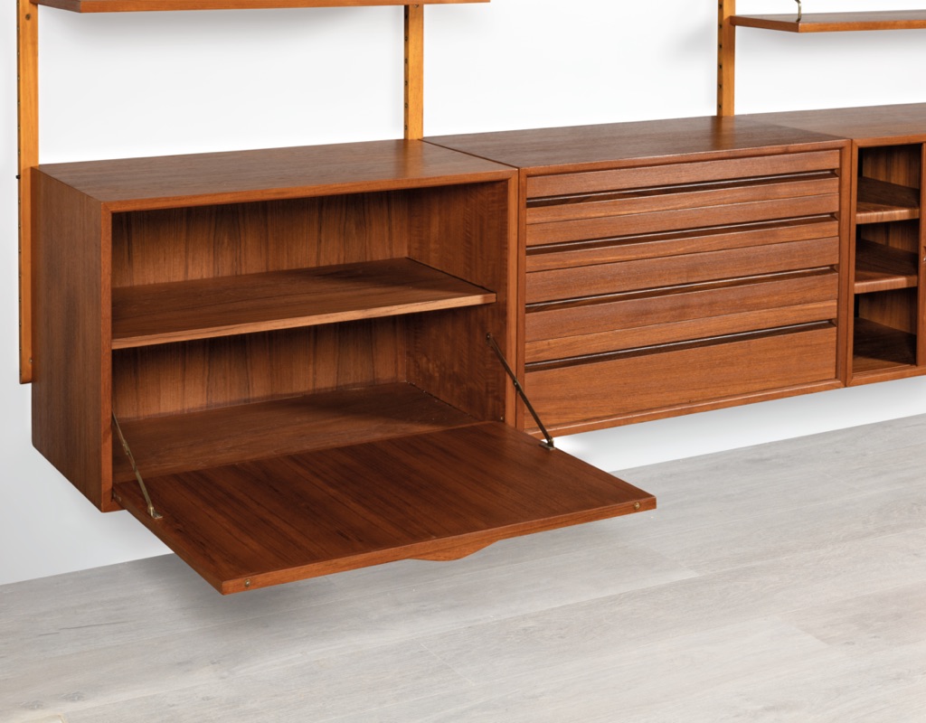 Poul Cadovius Shelving System Model Royal Danish Vintage 1950 CADO Wall Mounted Modular Teak Bookshelf Original Imported Scandinavian Storage Furniture drop front cabinet