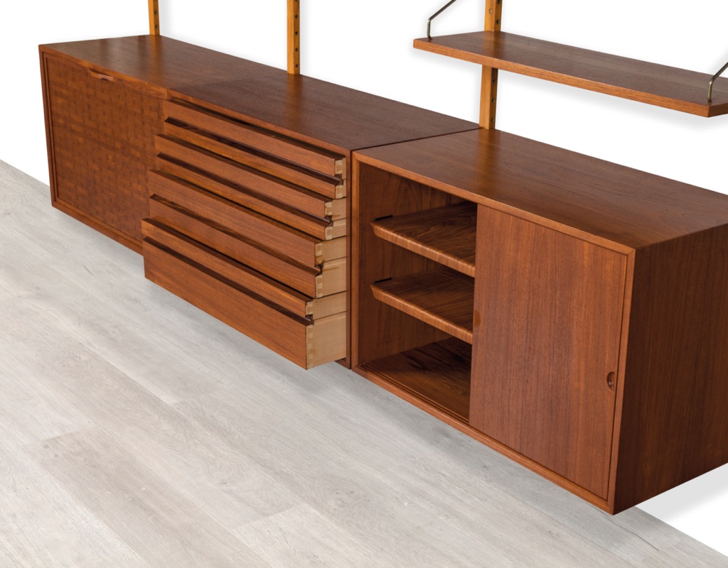 Poul Cadovius Shelving System Model Royal Danish Vintage 1950 CADO Wall Mounted Modular Teak Bookshelf Original Imported Scandinavian Storage Furniture drawers woven veneer front