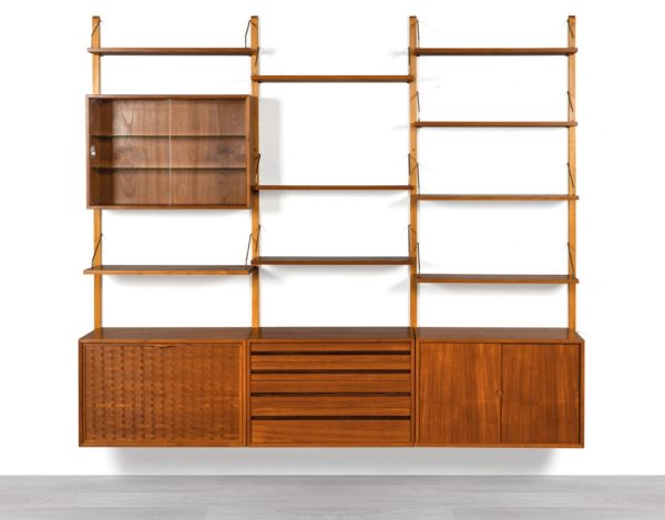 Poul Cadovius Shelving System Model Royal Danish Vintage 1950 CADO Wall Mounted Modular Teak Bookshelf Original Imported Scandinavian Storage Furniture three bay