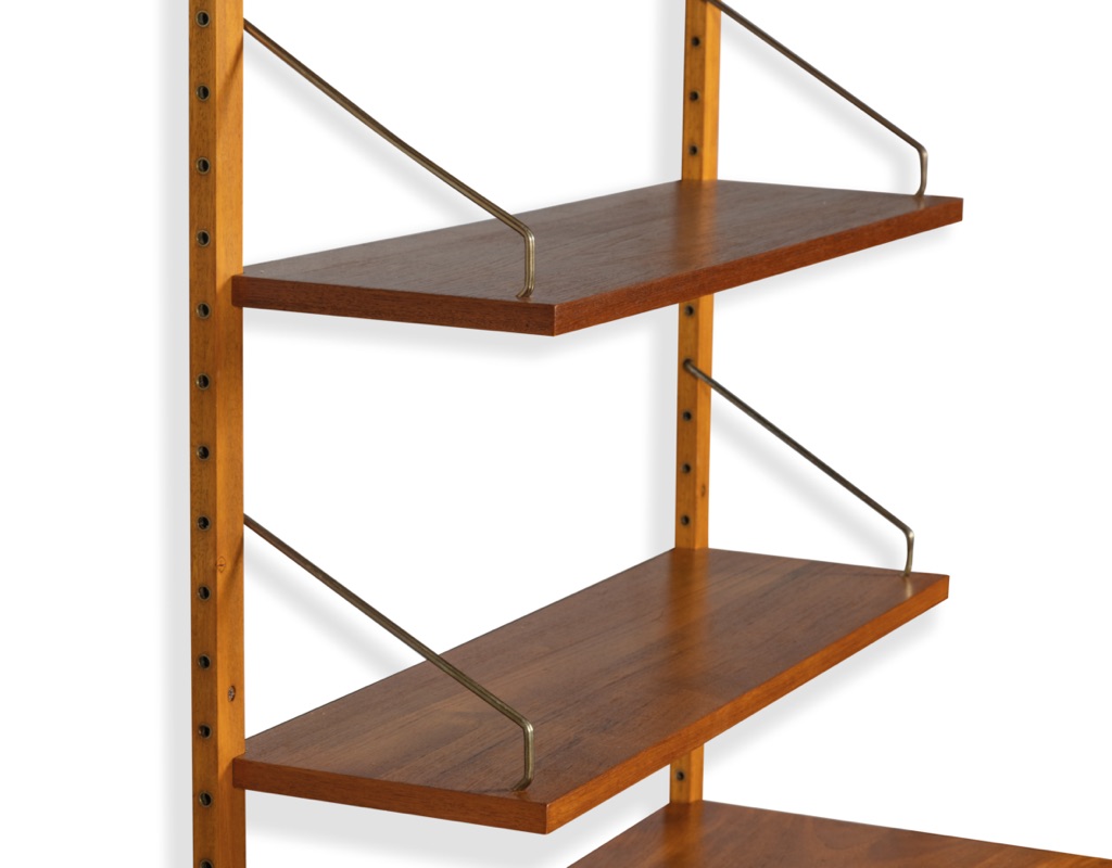 Poul Cadovius Shelving System Model Royal Danish Vintage 1950 CADO Wall Mounted Modular Teak Bookshelf Original Imported Scandinavian Storage Furniture brass arms
