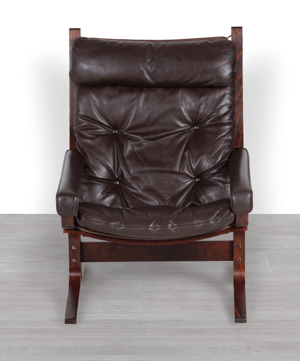 Siesta Armchair Ingmar Relling Westnofa Norway 1970s Brown Leather Arms Highback Canvas Sling Patina Beechwood Frame Front View