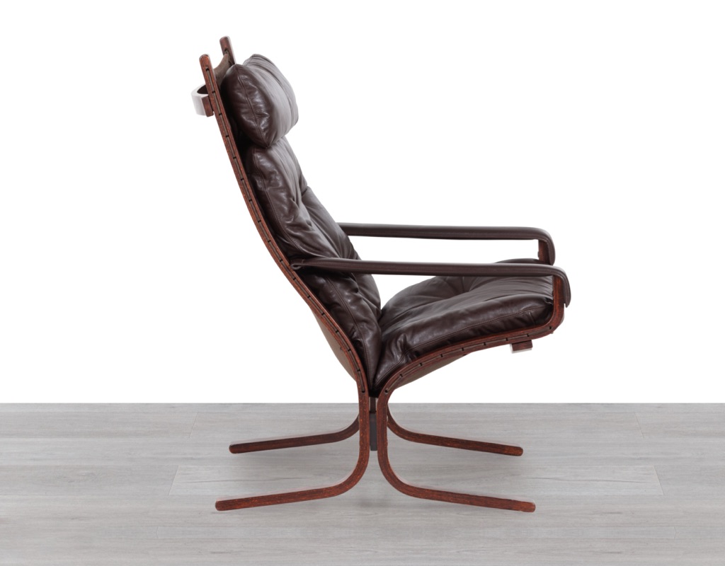 Siesta Armchair Ingmar Relling Westnofa Norway 1970s Brown Leather Arms Highback Canvas Sling Patina Beechwood Frame Profile