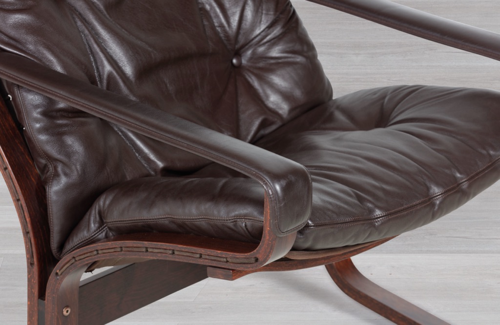 Siesta Armchair Ingmar Relling Westnofa Norway 1970s Brown Leather Arms Highback Canvas Sling Patina Beechwood Frame Arm Detail