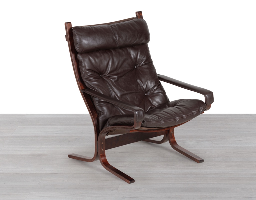 Siesta Armchair Ingmar Relling Westnofa Norway 1970s Brown Leather Arms Highback Canvas Sling Patina Bentwood Beechwood Frame