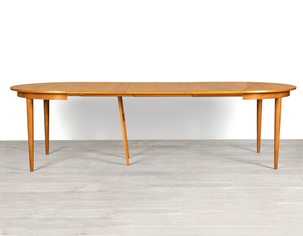 Mid century modern dining table Danish 1960s European oak round extension Skovmand & Andersen Denmark original Scandinavian tables drop down supporting leg