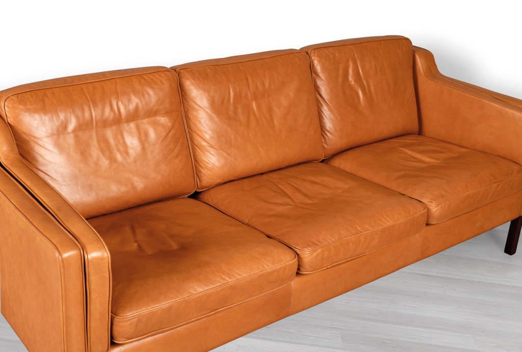 Danish Vintage 3 Seater Sofa Couch Stouby Furniture Tan Leather