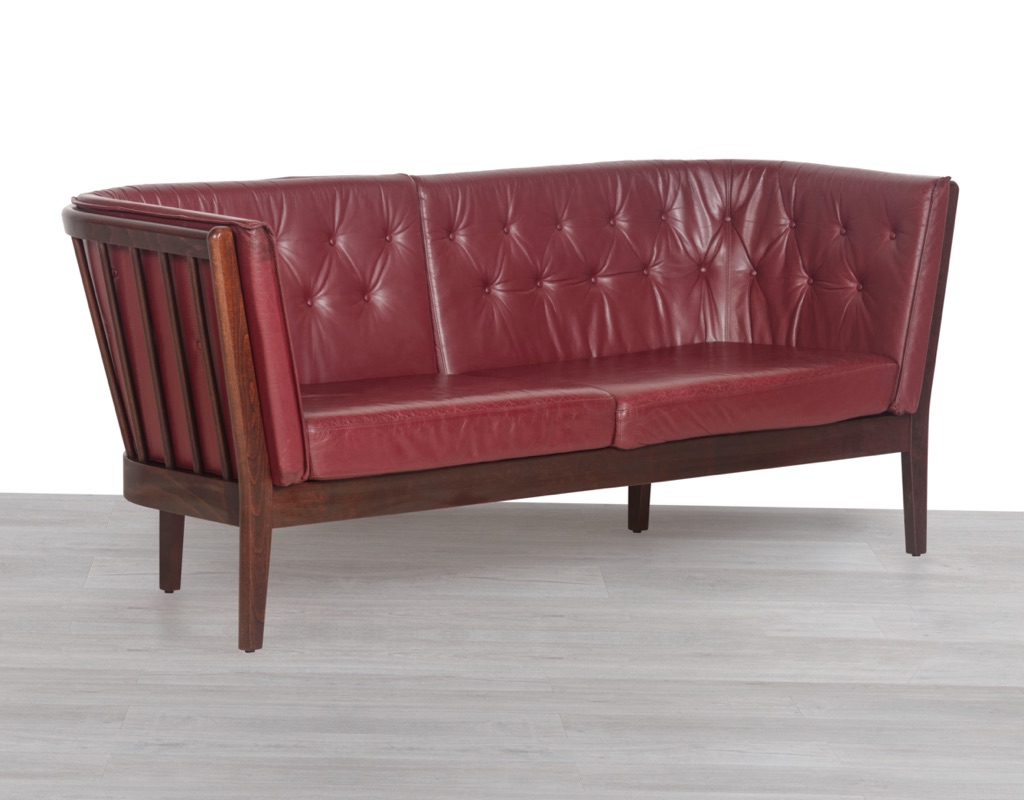 Danish Vintage Sofa Stouby Furniture Model Monica Couch Beechwood Spindle Back Frame Plum Leather Patina Original Scandinavian Seating Skipper Buttons