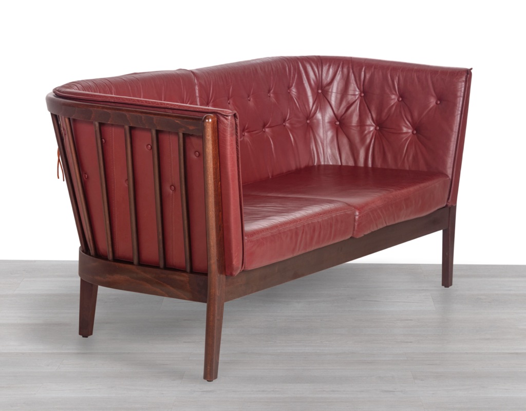 Danish Vintage Sofa Stouby Furniture Model Monica Couch Beechwood Spindle Back Frame Plum Leather Patina Original Scandinavian Seating Skipper High Back