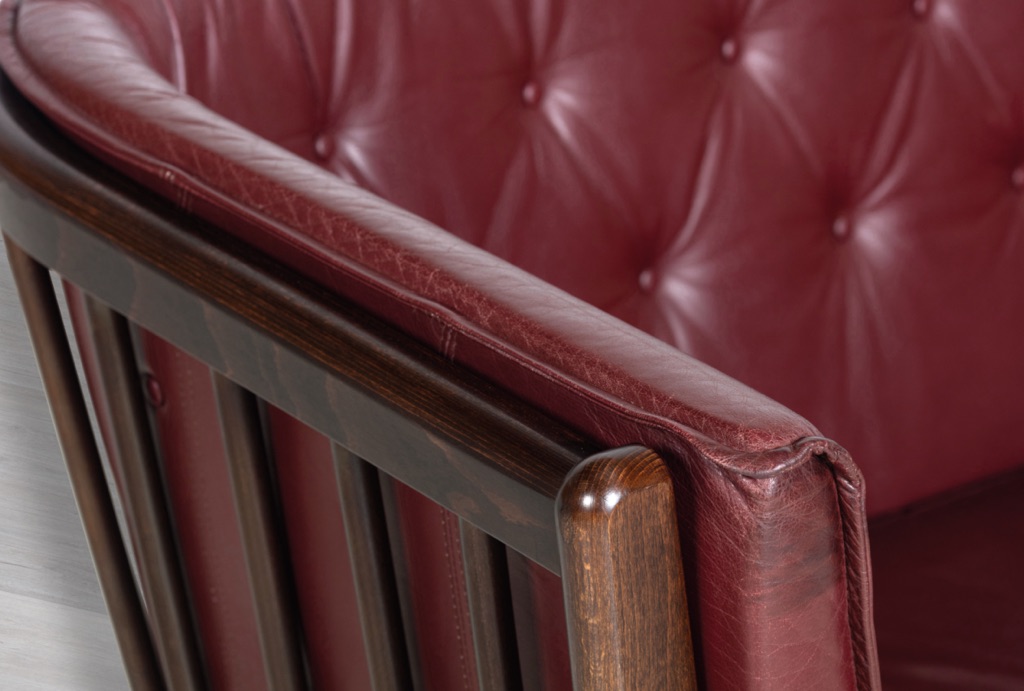 Danish Vintage Sofa Stouby Furniture Model Monica Couch Beechwood Spindle Back Frame Plum Leather Patina Original Scandinavian Seating Skipper Close Up