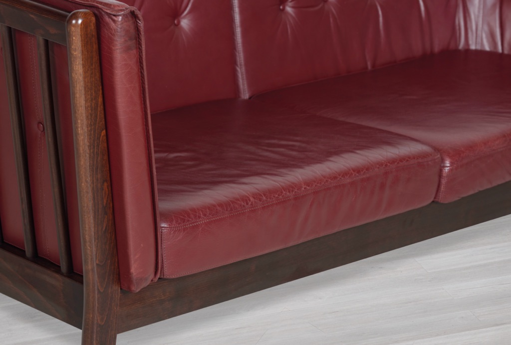 Danish Vintage Sofa Stouby Furniture Model Monica Couch Beechwood Spindle Back Frame Plum Leather Patina Original Scandinavian Seating Skipper Bench Seat