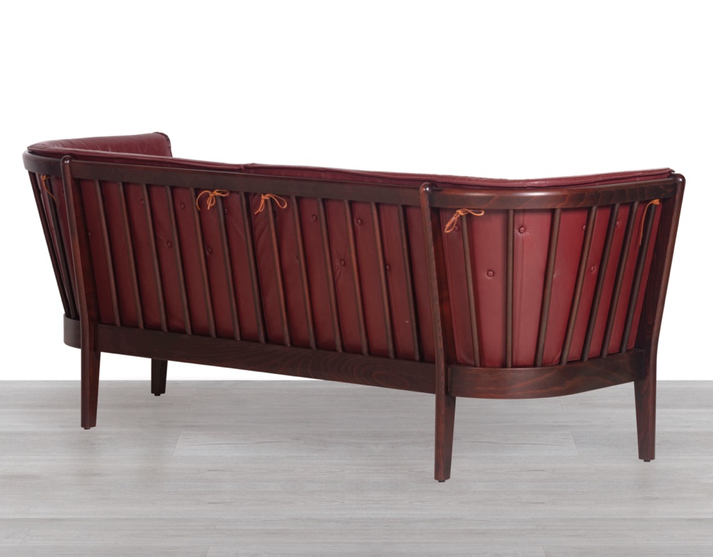 Danish Vintage Sofa Stouby Furniture Model Monica Couch Beechwood Spindle Back Frame Plum Leather Patina Original Scandinavian Seating Skipper Back View