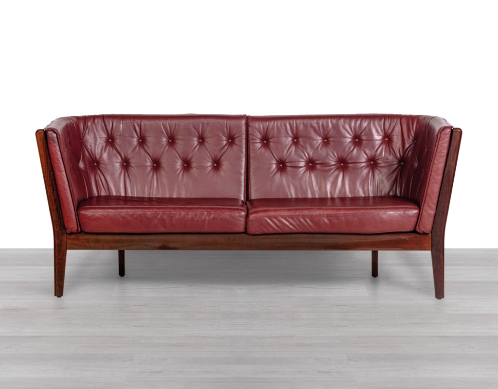 Danish Vintage Sofa Stouby Furniture Model Monica Couch Beechwood Spindle Back Frame Plum Leather Patina Original Scandinavian Seating Skipper